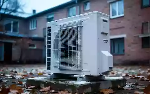 Eine moderne Wärmepumpe steht bei kühlem Herbstwetter vor einer Wohnhausfassade. - Foto: über boerse-global.de