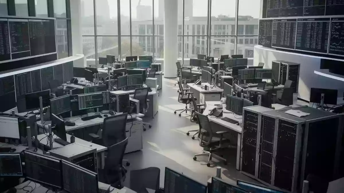 Ein moderner Handelsraum mit hochmoderner Computertechnik und natürlichem Lichteinfall in einer Finanzmetropole. Illustration mit AI erstellt.