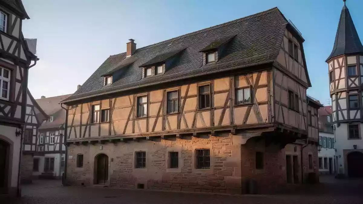 Historische Fachwerkhäuser in einem deutschen Ortskern bei Tageslicht. Illustration mit AI erstellt.