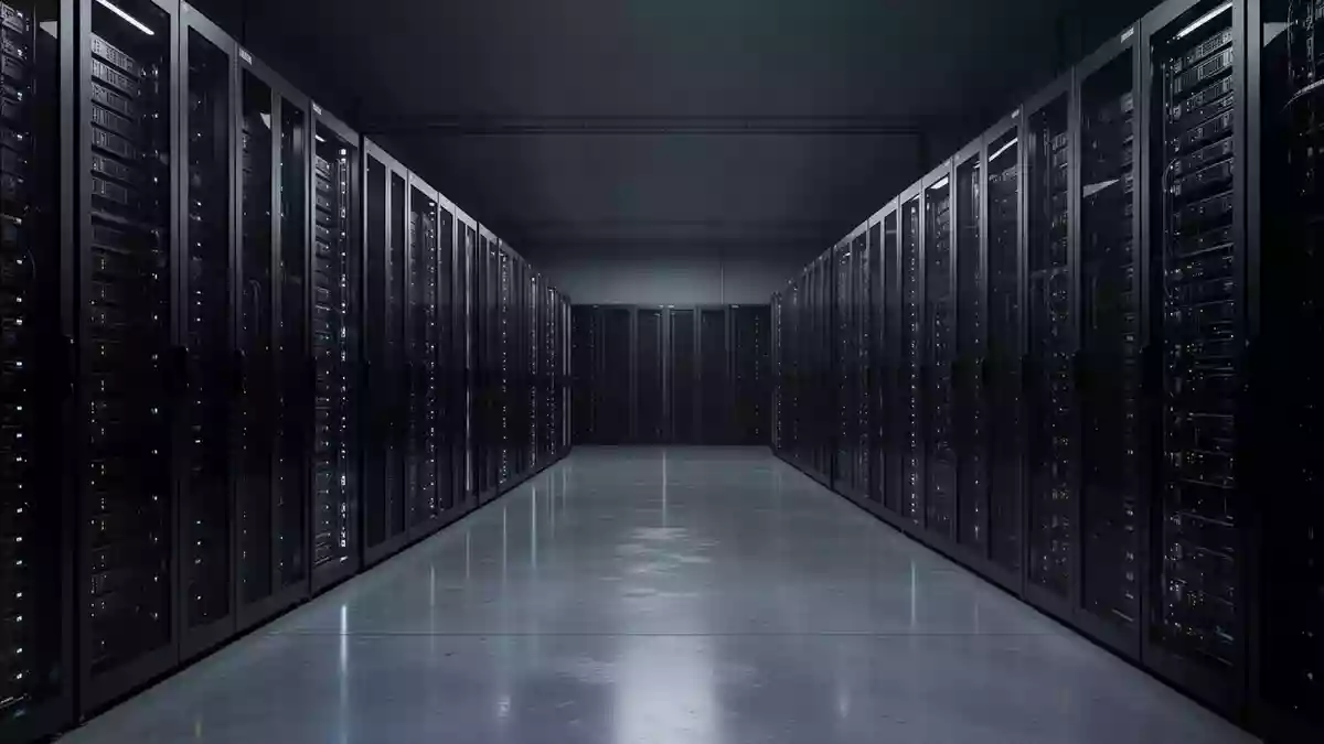 Reihen von dunklen Server-Racks in einem modernen Rechenzentrum bei gedimmter Beleuchtung. Illustration mit AI erstellt.