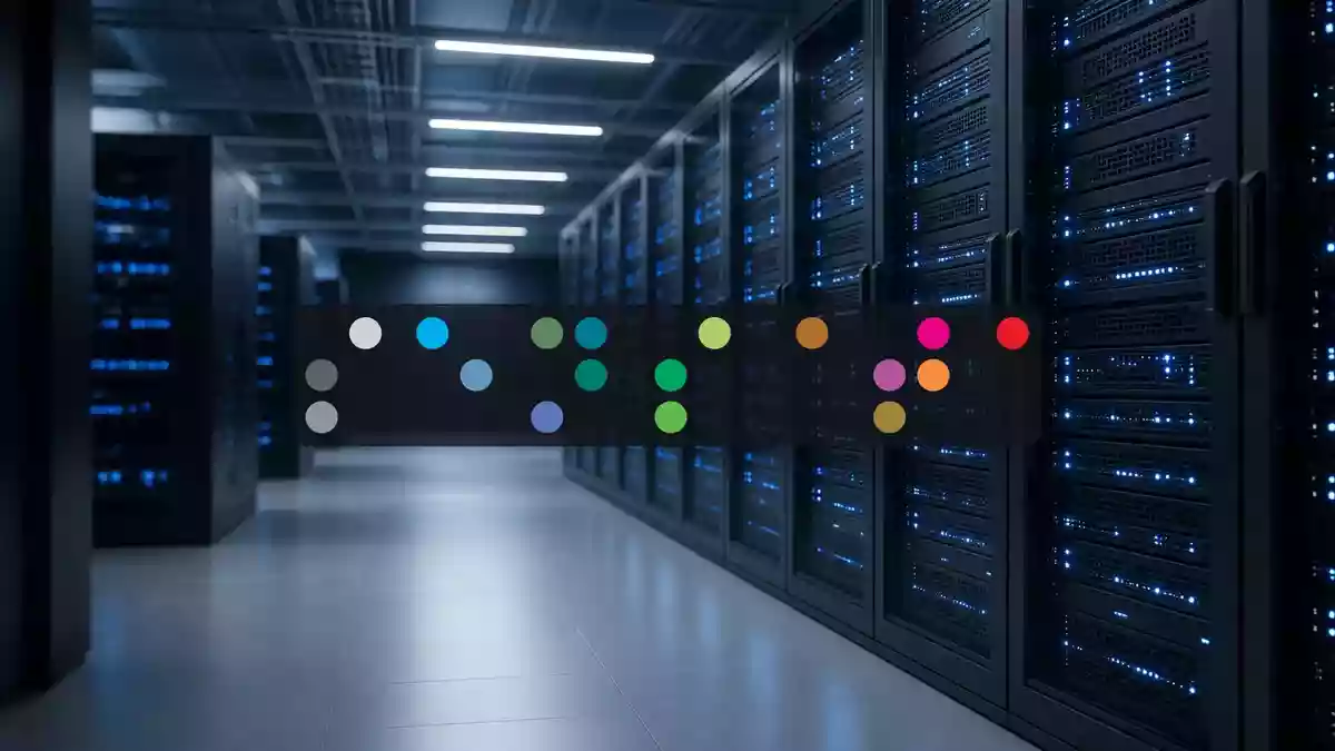 Modernes Rechenzentrum mit leuchtenden Server-Racks in einer professionellen, technologischen Umgebung. Illustration mit AI erstellt.
