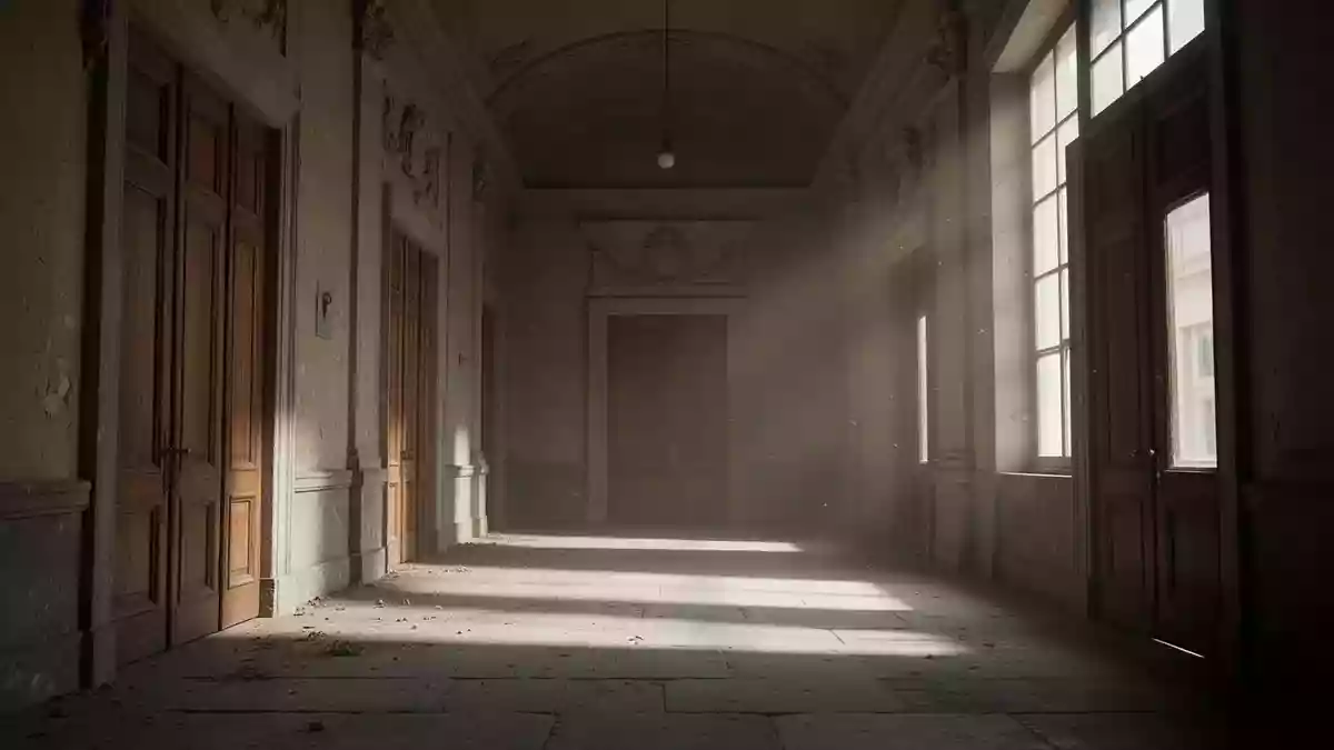 Ein leerer, sonnendurchfluteter Flur in einem historischen Gerichtsgebäude mit hohen Holztüren. Illustration mit AI erstellt.