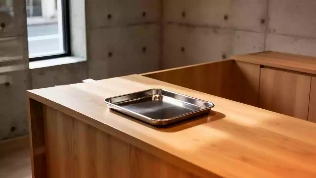 Ein minimalistischer Holztresen mit einer leeren Metallschale in einem schlichten, modernen Verkaufsraum bei natürlichem Licht. Illustration mit AI erstellt.