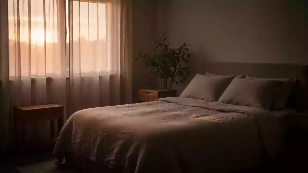 Ein ruhig gestaltetes Schlafzimmer bei Tagesanbruch mit sanftem Licht, das durch Vorhänge fällt und eine Atmosphäre der Erholung vermittelt. Illustration mit AI erstellt.