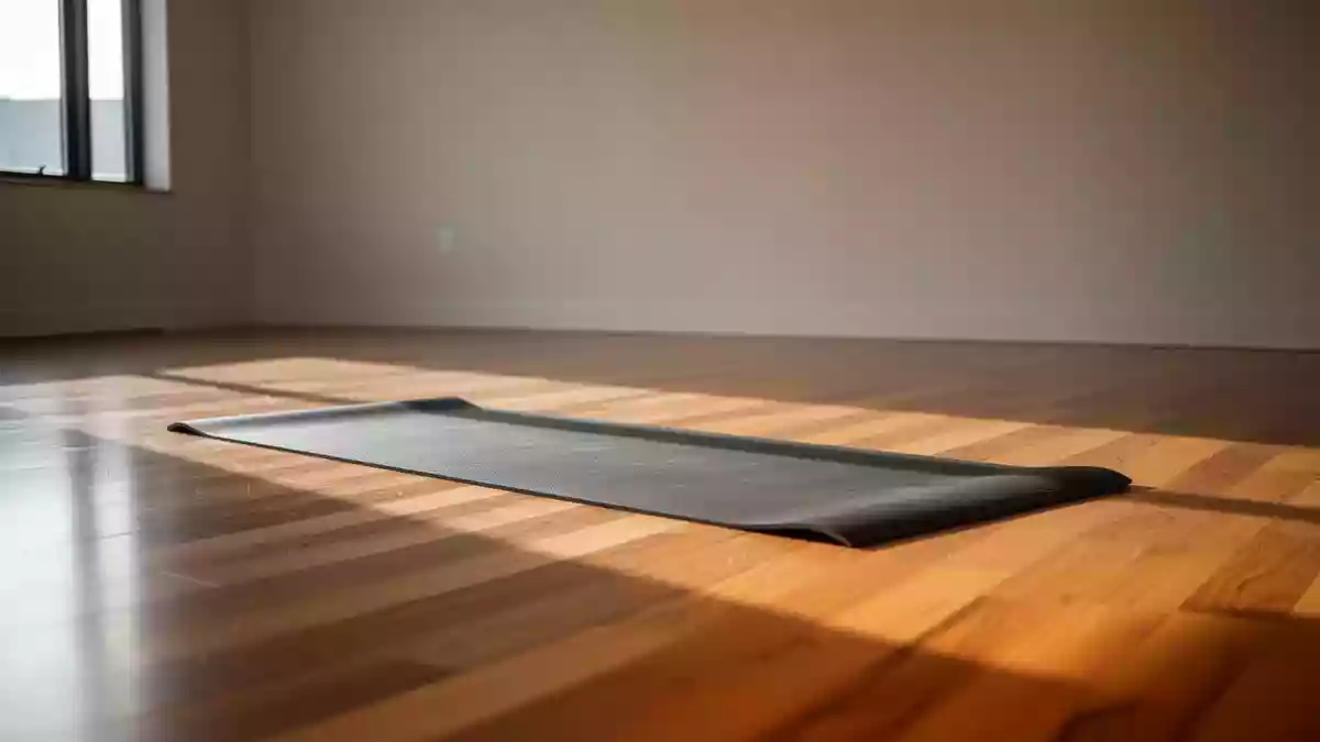 Ein minimalistischer Fitnessraum mit einer ausgerollten Yogamatte auf einem hellen Holzboden in natürlichem Licht. Illustration mit AI erstellt.