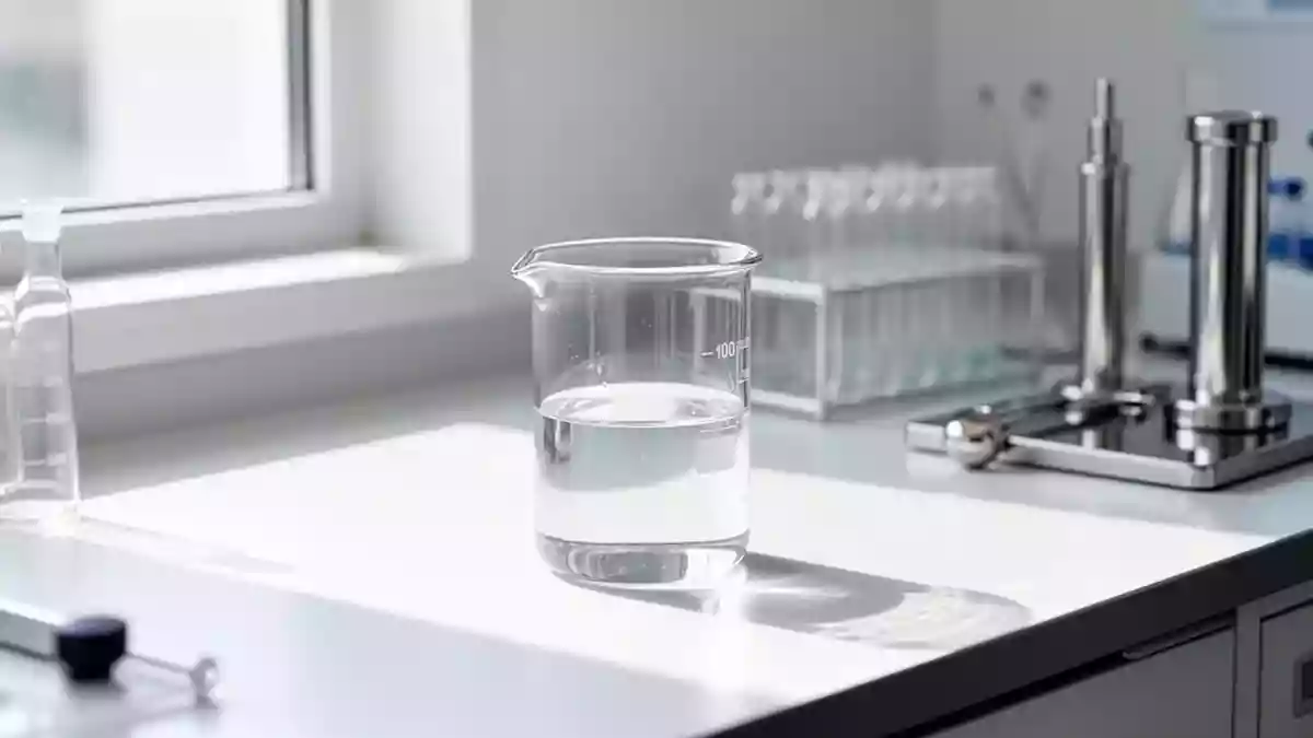 Ein steriler Labortisch mit einem leeren Glasbecher und medizinischen Instrumenten in einer hellen, neutralen Umgebung. Illustration mit AI erstellt.