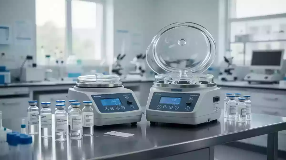 Laborausrüstung mit medizinischen Probenröhrchen und Zentrifugengläsern in einer klinischen Umgebung. Illustration mit AI erstellt.