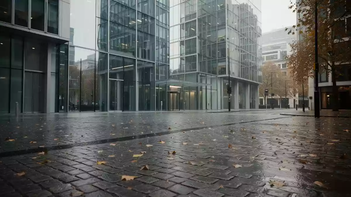 Moderne Bürogebäude in einem Londoner Finanzviertel, reflektiert in nassem Kopfsteinpflaster an einem bewölkten Tag. Illustration mit AI erstellt.