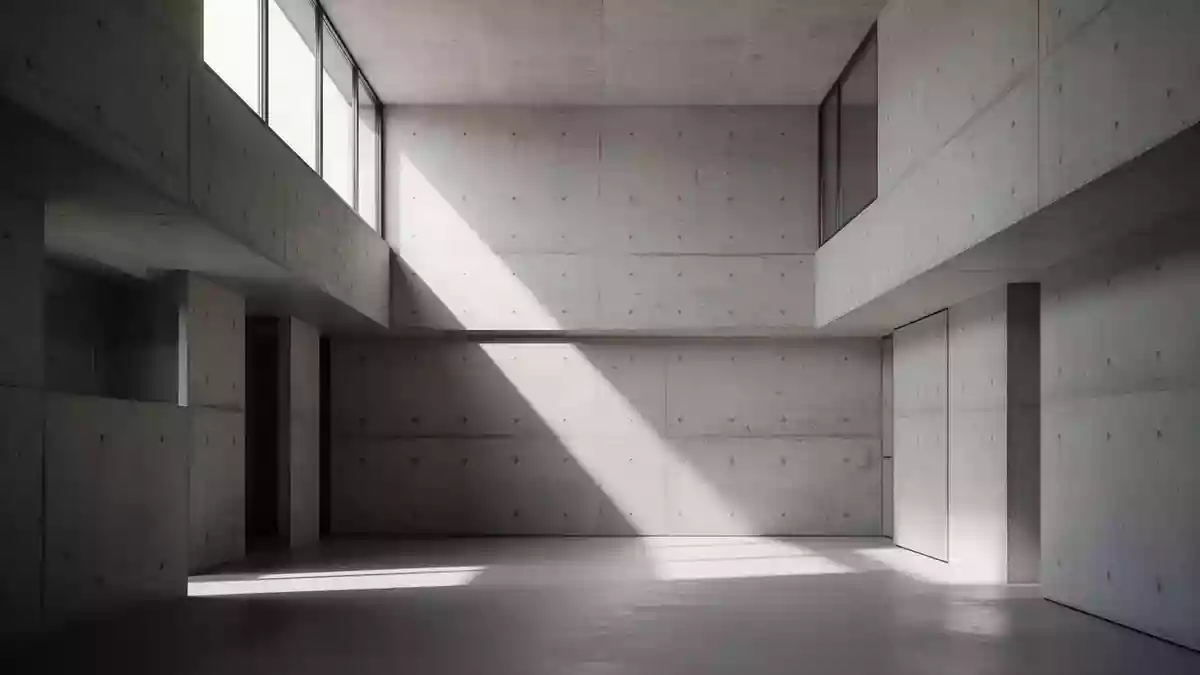 Minimalistische Architektur mit klaren Linien und Betonwänden bei natürlichem Lichteinfall. Illustration mit AI erstellt.