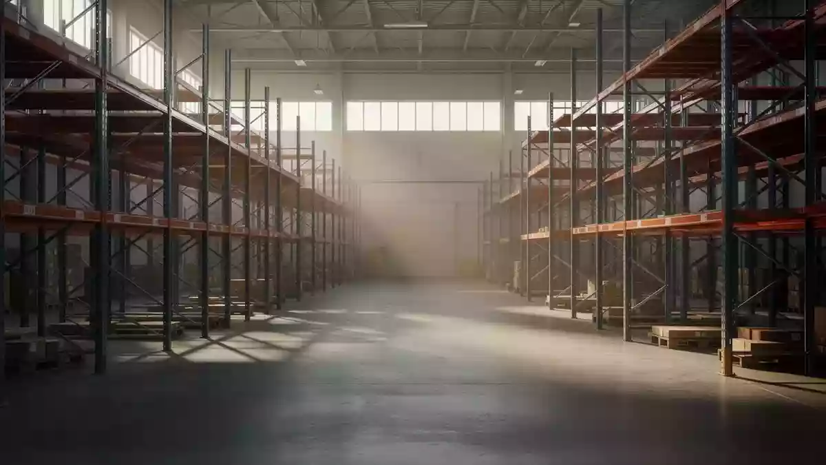 Ein leeres Lagerhaus mit industriellen Regalen in ruhigem, natürlichem Licht ohne Menschen oder Fahrzeuge. Illustration mit AI erstellt.