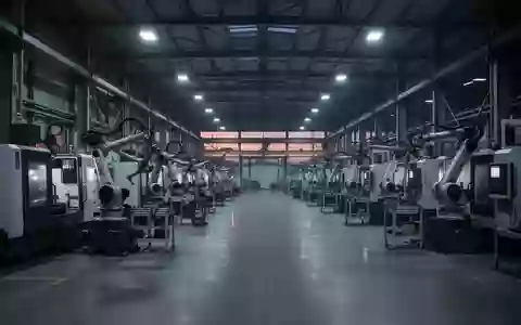 Leere, moderne Industriehalle mit schweren Maschinen und Fertigungsanlagen in gedimmtem Licht. - Foto: über boerse-global.de