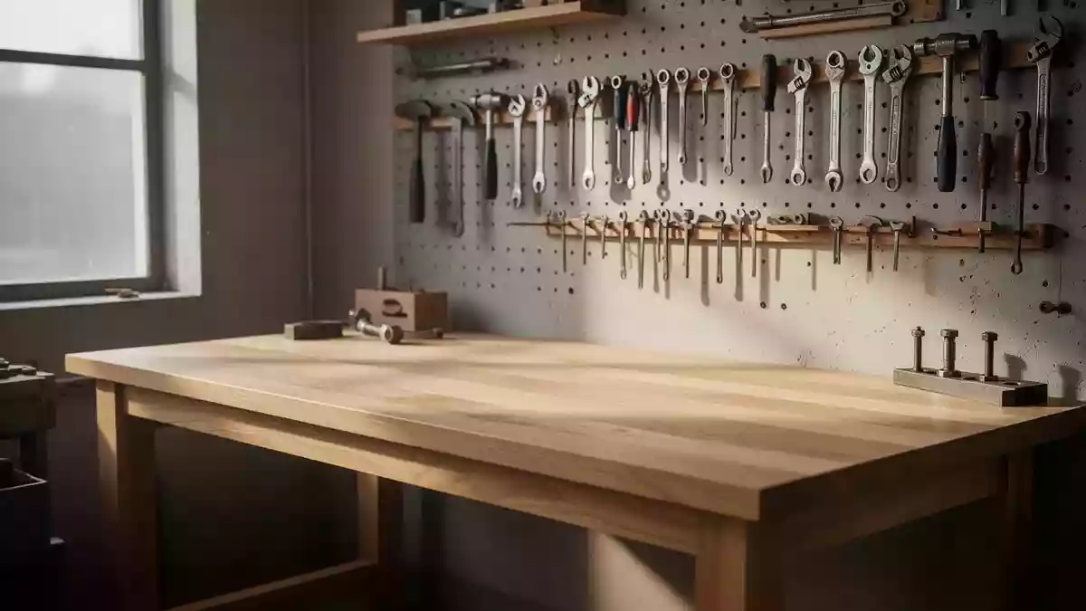 Ein aufgeräumter, leerer Werkstatt-Arbeitstisch aus hellem Holz in einer hellen, professionellen Umgebung. Illustration mit AI erstellt.