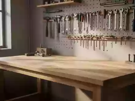 Ein aufgeräumter, leerer Werkstatt-Arbeitstisch aus hellem Holz in einer hellen, professionellen Umgebung. - Foto: über boerse-global.de