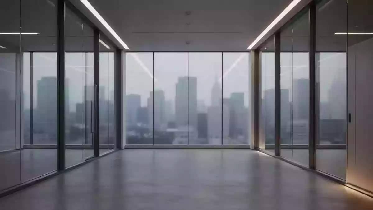 Ein leerer, minimalistischer Büroflur mit großen Fensterfronten und Blick auf eine graue Stadtlandschaft. Illustration mit AI erstellt.