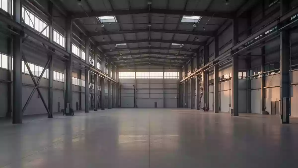 Leere, moderne Industriehalle mit hohen Decken und Stahlträgern bei Dämmerlicht. Illustration mit AI erstellt.