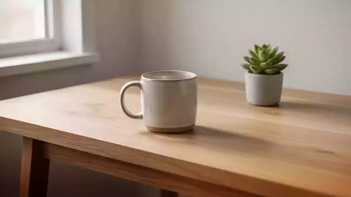 Ein minimalistischer Schreibtisch aus Eichenholz mit einer Kaffeetasse und einer kleinen Sukkulente bei Tageslicht. Illustration mit AI erstellt.