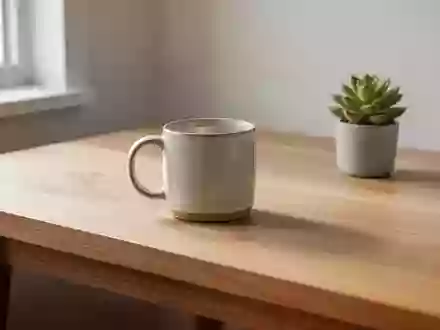 Ein minimalistischer Schreibtisch aus Eichenholz mit einer Kaffeetasse und einer kleinen Sukkulente bei Tageslicht. - Foto: über boerse-global.de