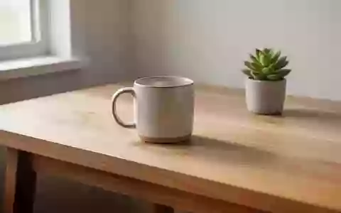 Ein minimalistischer Schreibtisch aus Eichenholz mit einer Kaffeetasse und einer kleinen Sukkulente bei Tageslicht. - Foto: über boerse-global.de