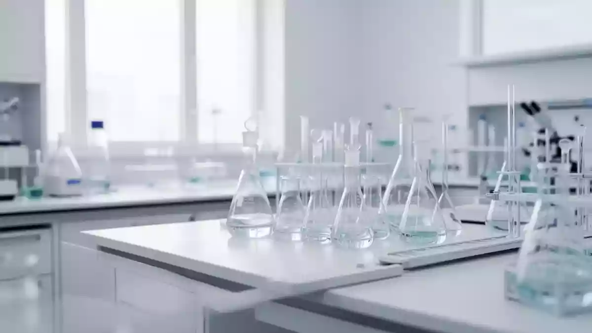 Ein minimalistisch gestaltetes, steriles medizinisches Forschungslabor mit gläsernen Laborgeräten in einer hellen Umgebung. Illustration mit AI erstellt.