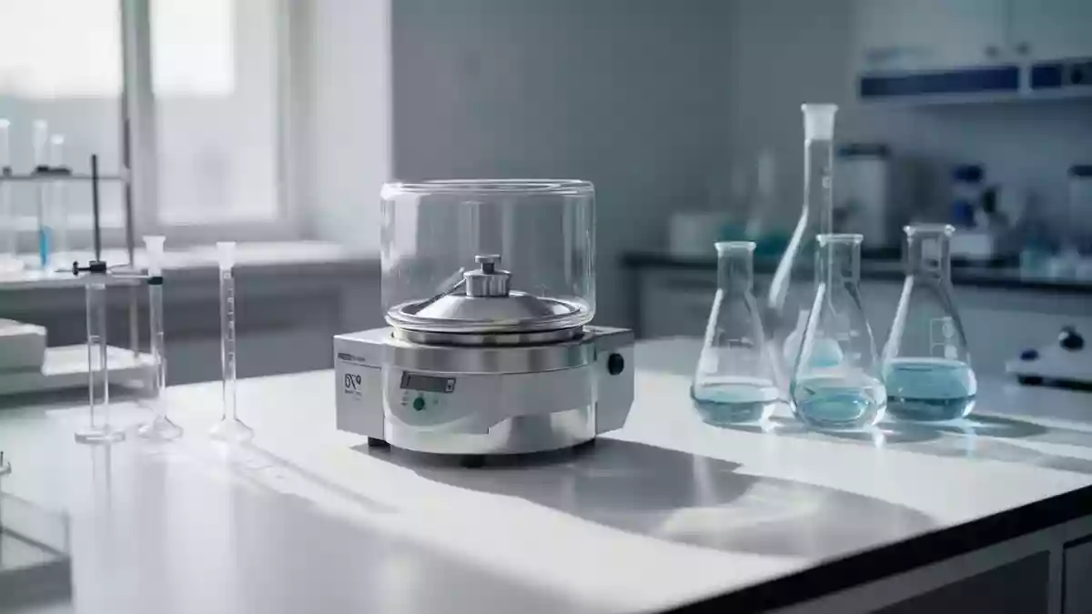 Ein minimalistisches, steriles Laborumfeld mit medizinischen Glasgeräten in natürlichem Licht. Illustration mit AI erstellt.
