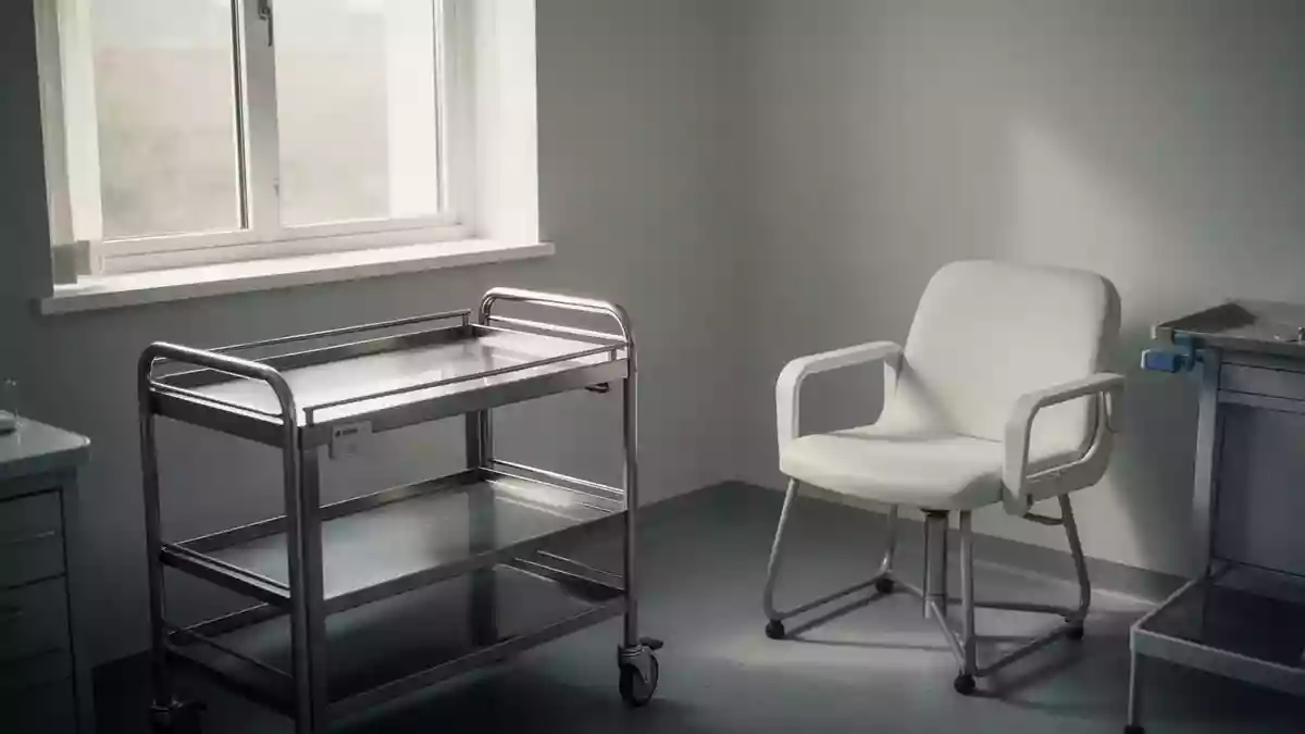 Ein steriler, leerer Behandlungsraum in einer medizinischen Einrichtung mit hellem Tageslicht. Illustration mit AI erstellt.