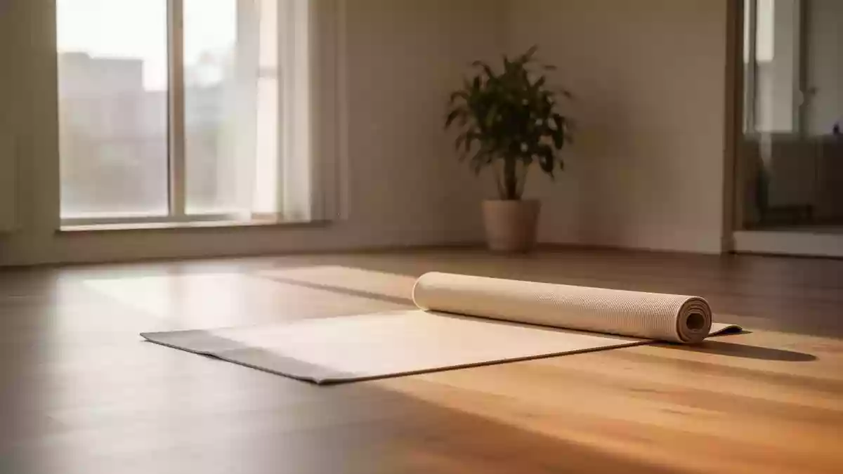 Eine leere, helle Yoga-Matte auf einem Holzboden in einem minimalistischen Raum mit natürlichem Lichteinfall. Illustration mit AI erstellt.