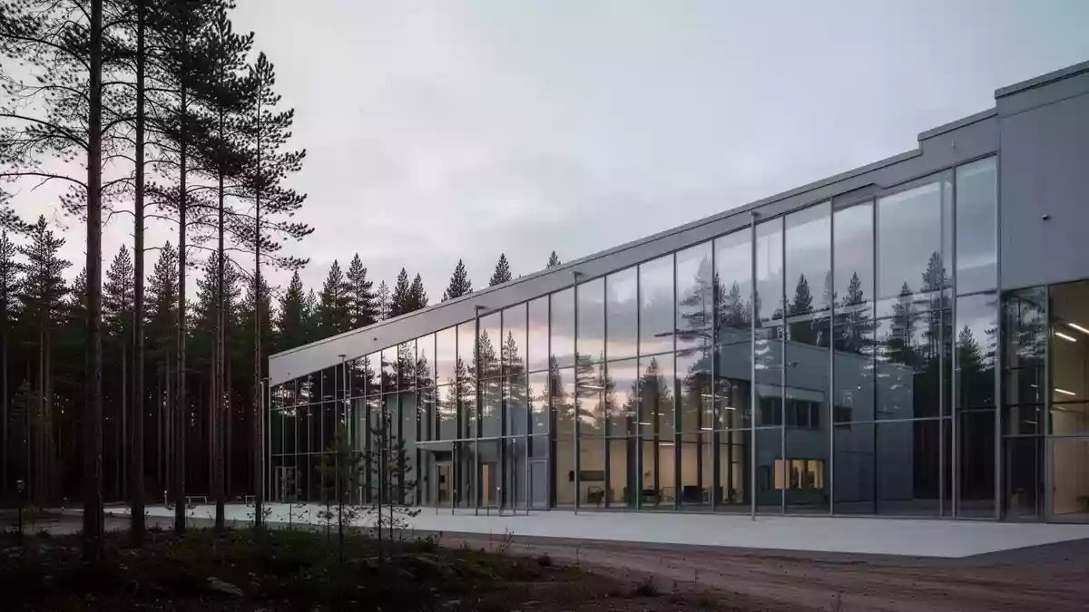 Moderne, minimalistische Industriefassade in einer schwedischen Waldlandschaft bei Dämmerung. Illustration mit AI erstellt.