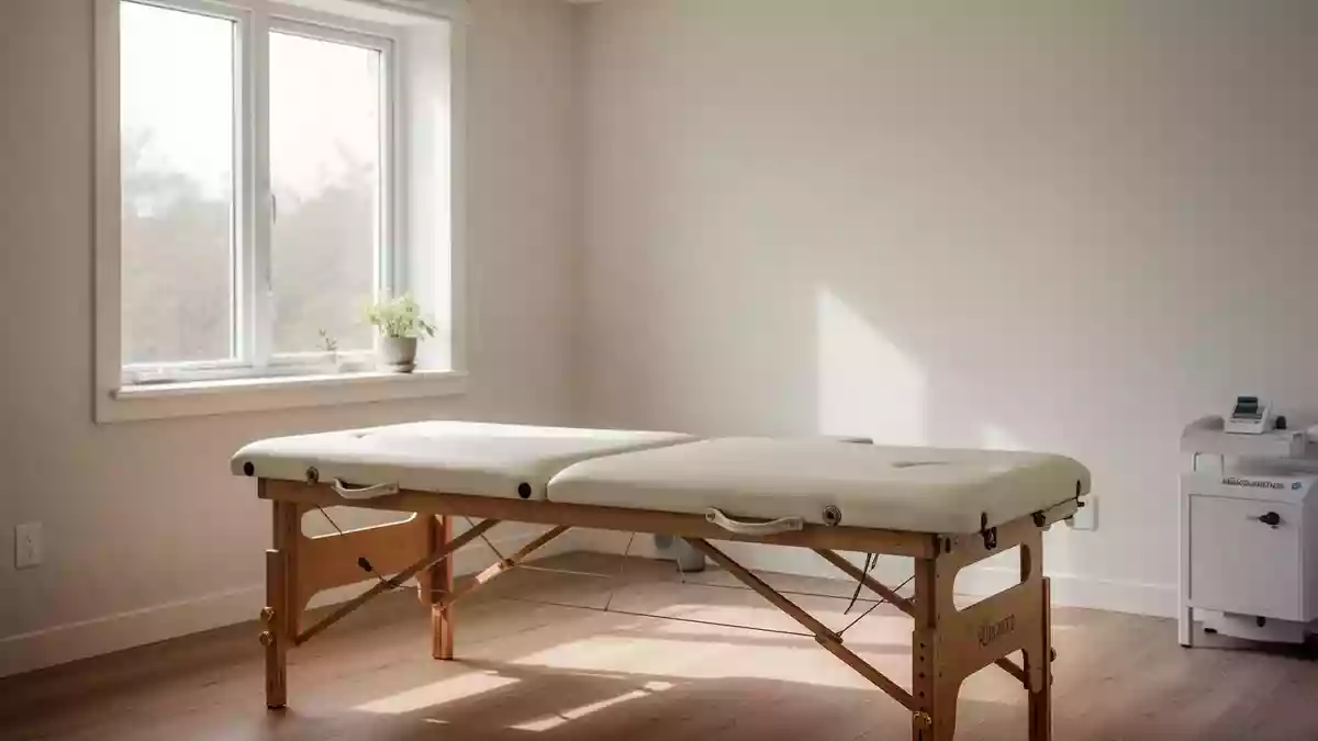 Ein minimalistischer Behandlungsraum für Physiotherapie mit einer Massageliege und hellem Tageslicht. Illustration mit AI erstellt.