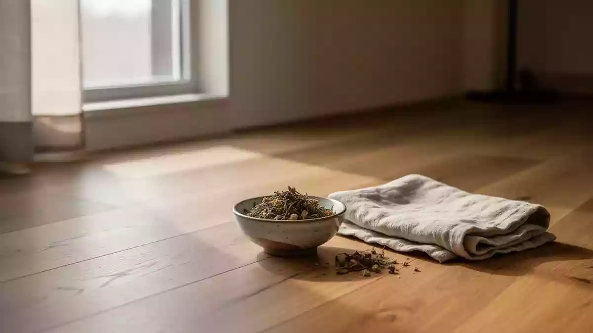 Minimalistischer Wellness-Bereich mit weichem Tageslicht, einem Holzboden und einer kleinen Keramikschale mit Kräutern. Illustration mit AI erstellt.