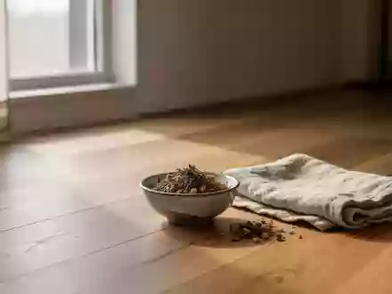 Minimalistischer Wellness-Bereich mit weichem Tageslicht, einem Holzboden und einer kleinen Keramikschale mit Kräutern. - Foto: über boerse-global.de