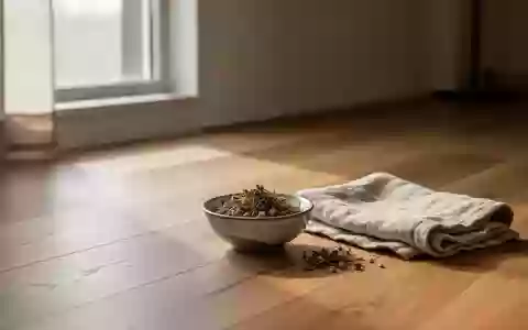 Minimalistischer Wellness-Bereich mit weichem Tageslicht, einem Holzboden und einer kleinen Keramikschale mit Kräutern. - Foto: über boerse-global.de