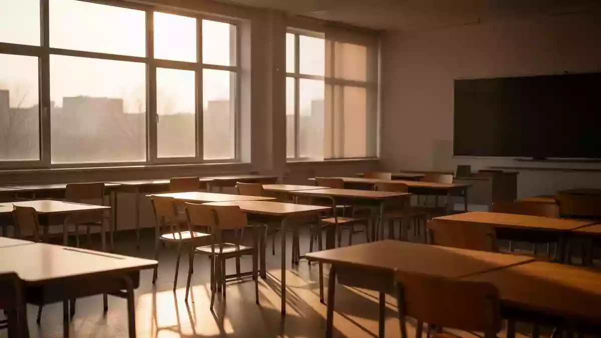 Ein leerer, sonnendurchfluteter Klassenraum mit leeren Schreibtischen und Stühlen in einer ruhigen, minimalistischen Umgebung. Illustration mit AI erstellt.