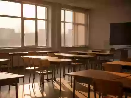 Ein leerer, sonnendurchfluteter Klassenraum mit leeren Schreibtischen und Stühlen in einer ruhigen, minimalistischen Umgebung. - Foto: über boerse-global.de