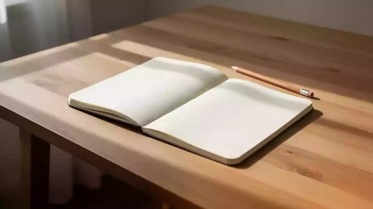 Ein minimalistischer Holzschreibtisch mit einem leeren Notizbuch und einem Bleistift in hellem Tageslicht. Illustration mit AI erstellt.
