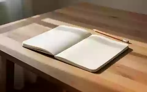Ein minimalistischer Holzschreibtisch mit einem leeren Notizbuch und einem Bleistift in hellem Tageslicht. - Foto: über boerse-global.de