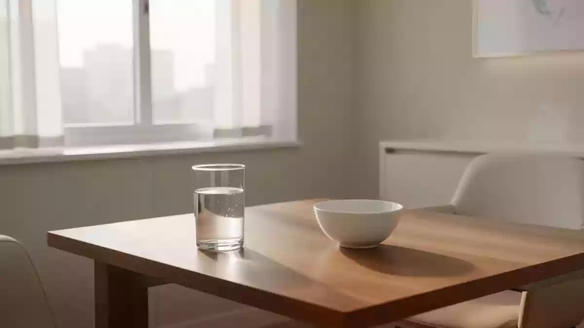 Ein heller, minimalistischer Behandlungsraum mit einem Glas Wasser und einer leeren Schale auf einem Holztisch. Illustration mit AI erstellt.