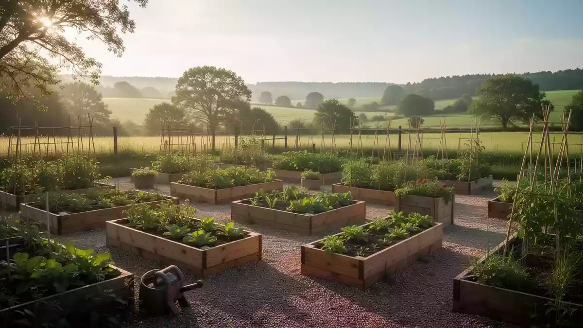 Ein sonniger Gemeinschaftsgarten mit Hochbeeten und Kieswegen in einer ländlichen Umgebung. Illustration mit AI erstellt.