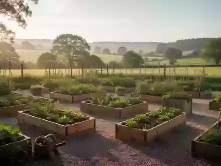 Ein sonniger Gemeinschaftsgarten mit Hochbeeten und Kieswegen in einer ländlichen Umgebung. - Foto: über boerse-global.de