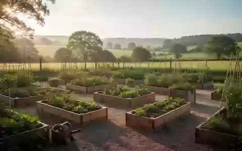 Ein sonniger Gemeinschaftsgarten mit Hochbeeten und Kieswegen in einer ländlichen Umgebung. - Foto: über boerse-global.de