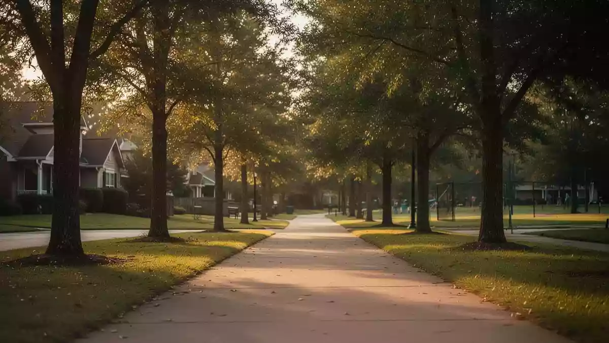 Ein ruhiger, sonnenbeschienener Gehweg in einem Park, der zu einem Spaziergang einlädt. Illustration mit AI erstellt.