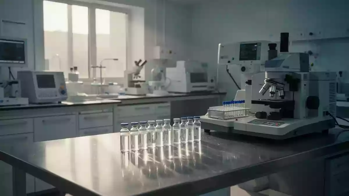 Modernes medizinisches Labor mit klinischen Analysegeräten und Glasbehältern auf einer Edelstahloberfläche. Illustration mit AI erstellt.