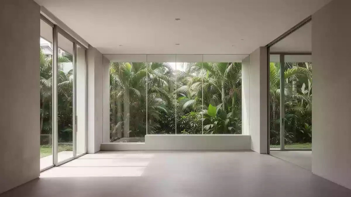 Minimalistischer, heller Innenraum mit weichem Tageslicht und Blick auf tropische Vegetation als Symbol für psychische Stabilität. Illustration mit AI erstellt.