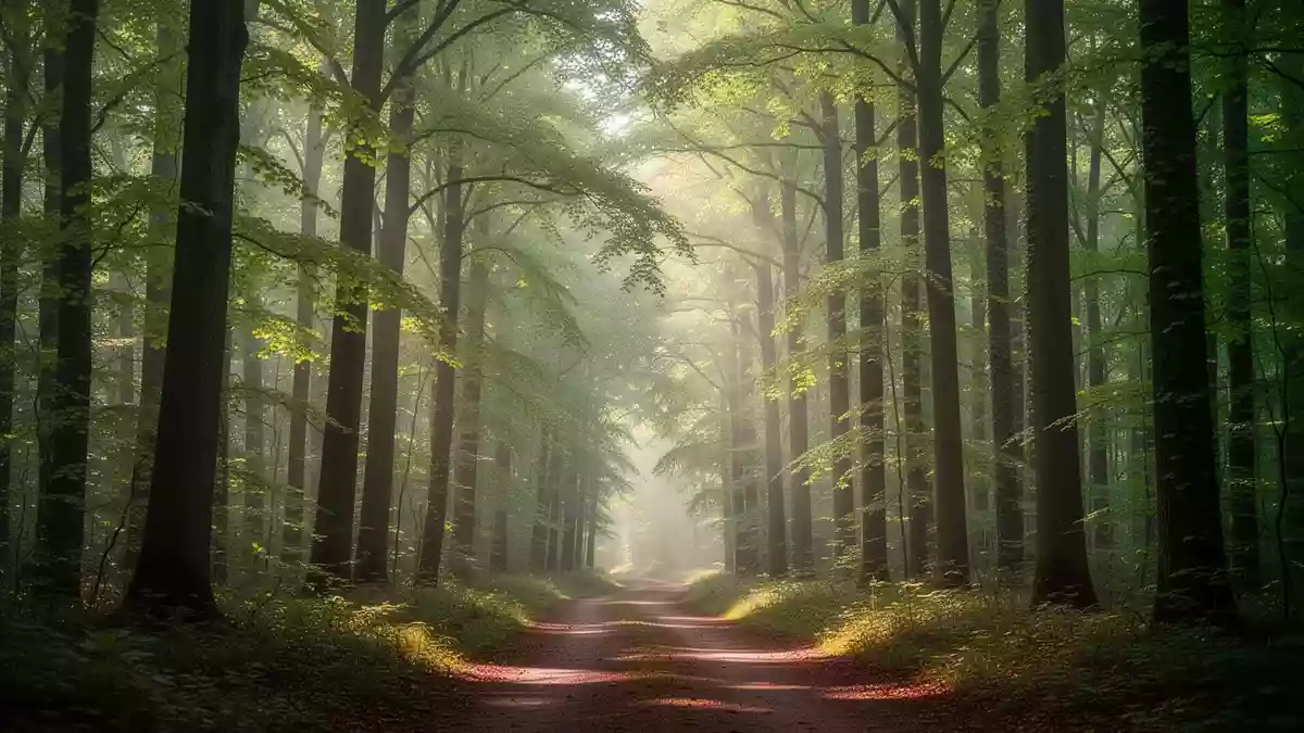 Ein sonnendurchfluteter Waldweg in den frühen Morgenstunden, der Ruhe und mentale Klarheit symbolisiert. Illustration mit AI erstellt.