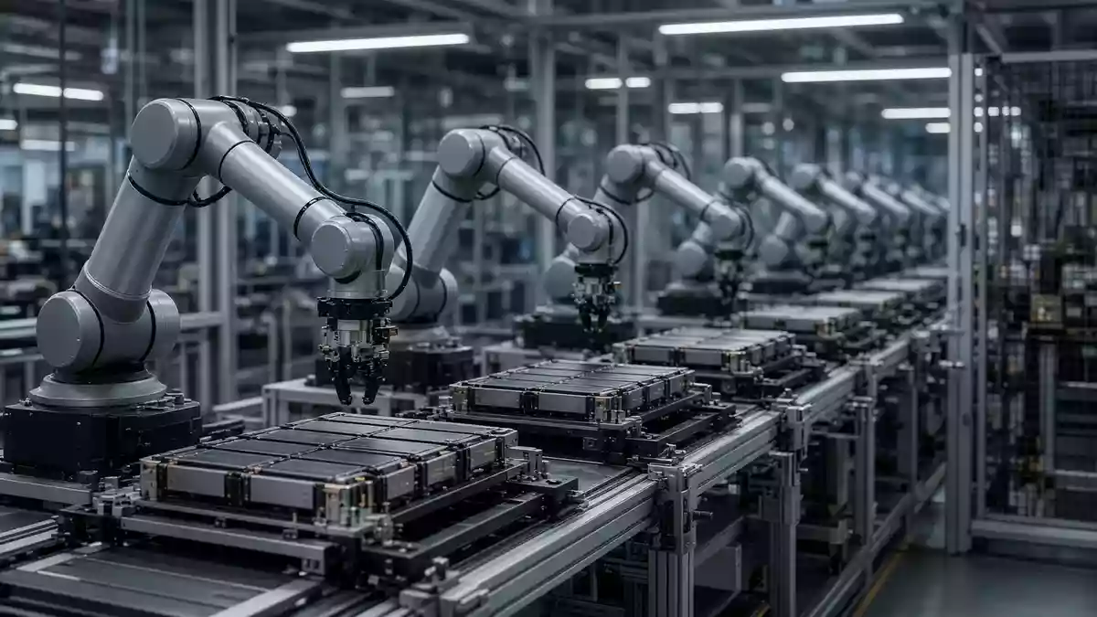 Moderne Fertigungsanlage für Lithium-Ionen-Batterien in einer Automobilfabrik mit automatisierten Roboterarmen. Illustration mit AI erstellt.