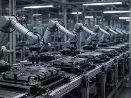 Moderne Fertigungsanlage für Lithium-Ionen-Batterien in einer Automobilfabrik mit automatisierten Roboterarmen. - Foto: über boerse-global.de