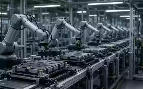 Moderne Fertigungsanlage für Lithium-Ionen-Batterien in einer Automobilfabrik mit automatisierten Roboterarmen. - Foto: über boerse-global.de