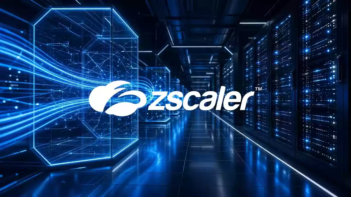 Abstrakte Darstellung von Cybersicherheit mit leuchtenden digitalen Netzwerken und Lichtspuren in einem Serverraum. Illustration mit AI erstellt.