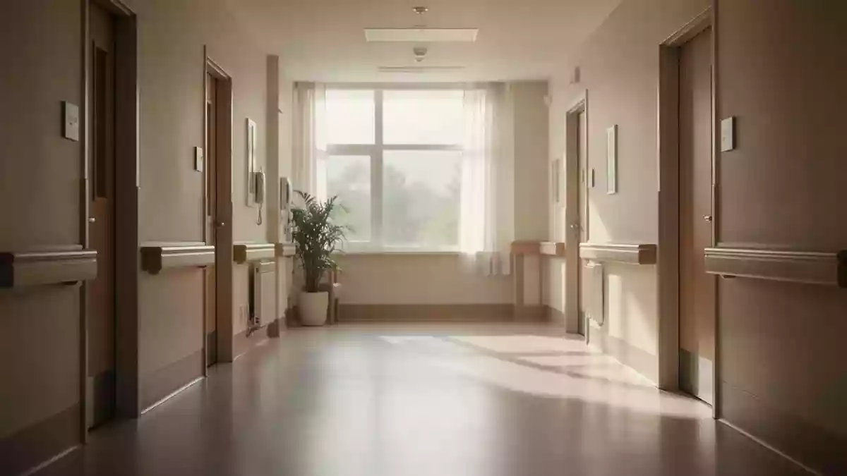 Ein heller, ruhig wirkender Flur in einer Senioreneinrichtung mit einfallendem Tageslicht. Illustration mit AI erstellt.