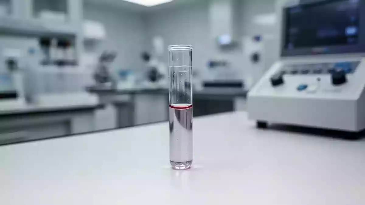 Eine medizinische Laborumgebung mit einem Reagenzglas, das eine Blutserumprobe für eine klinische Analyse enthält. Illustration mit AI erstellt.