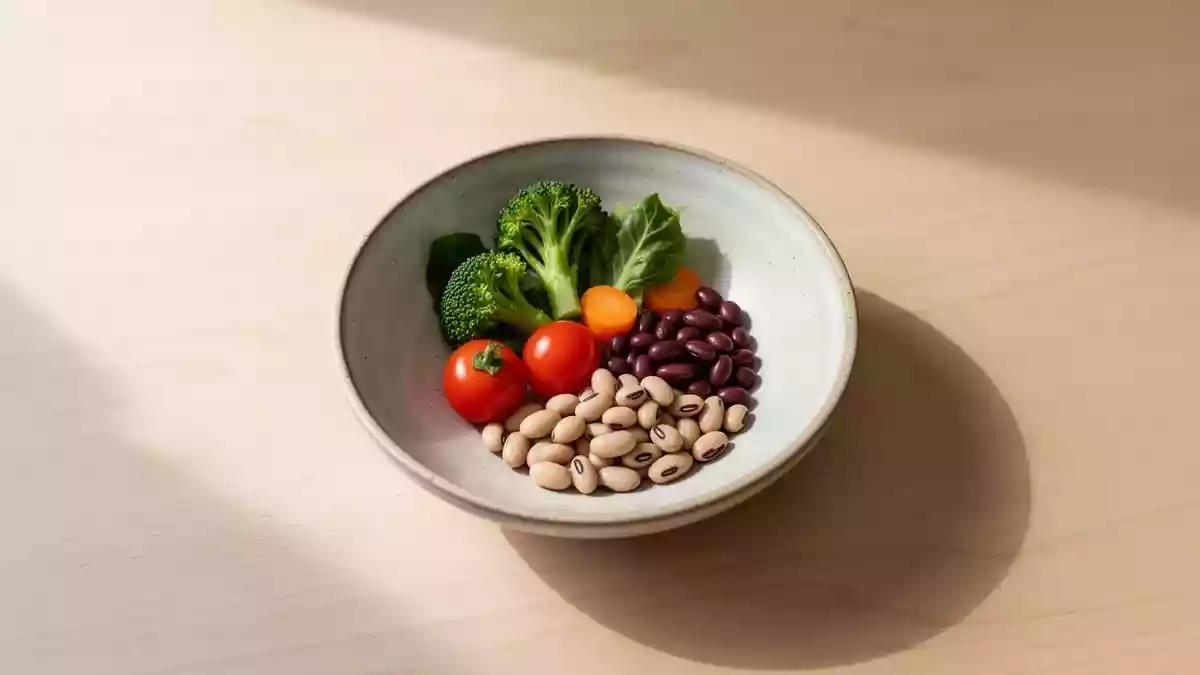 Eine Schale mit einer kleinen, ausgewogenen Portion frischem Gemüse und Hülsenfrüchten auf einem Holztisch. Illustration mit AI erstellt.